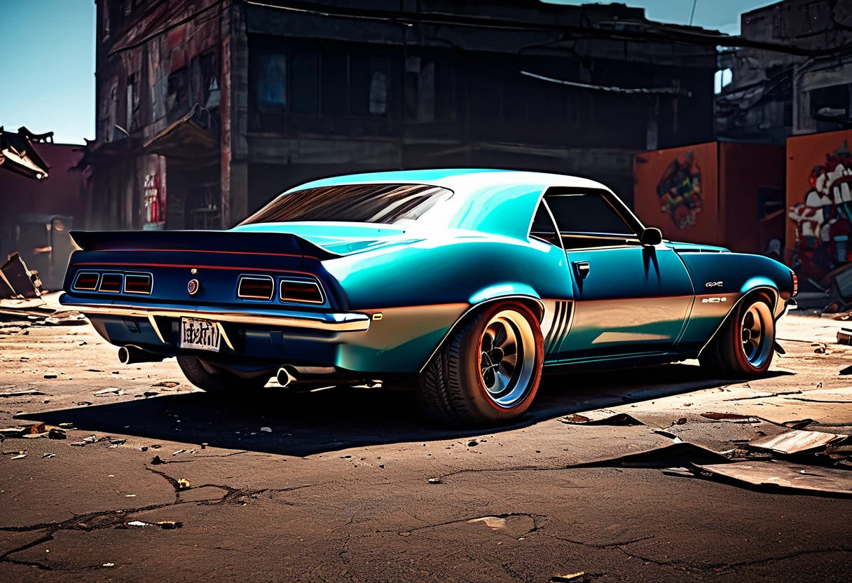 (best quality,4k,highres,masterpiece:1.2),race muscle car "chevrolet camaro",ruins,sci-fi,futuristic, cinematic lighting, chiaroscuro,ray tracing,highly detailed, high-quality, mirai, color contrast, atmospheric, dystopian, urban, vibrant colors, shattered glass, dramatic shadows, decaying buildings, futuristic technology, dynamic composition, motion blur, urban decay, dynamic perspective, immersive atmosphere, post-apocalyptic, abandoned, reflections, moody, intense, mystery, advanced design, sleek lines, powerful engine, speed, danger, adrenaline rush