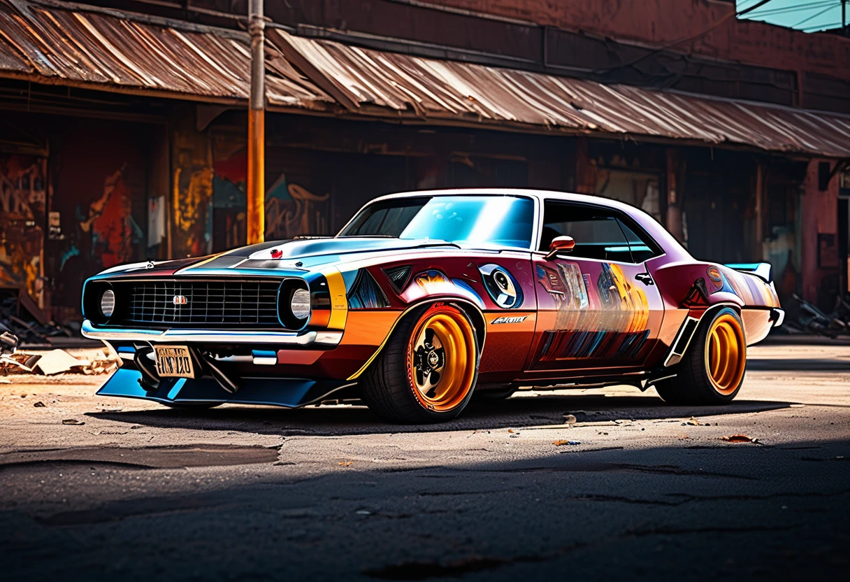 (best quality,4k,highres,masterpiece:1.2),race muscle car "chevrolet camaro",ruins,sci-fi,futuristic, cinematic lighting, chiaroscuro,ray tracing,highly detailed, high-quality, mirai, color contrast, atmospheric, dystopian, urban, vibrant colors, shattered glass, dramatic shadows, decaying buildings, futuristic technology, dynamic composition, motion blur, urban decay, dynamic perspective, immersive atmosphere, post-apocalyptic, abandoned, reflections, moody, intense, mystery, advanced design, sleek lines, powerful engine, speed, danger, adrenaline rush