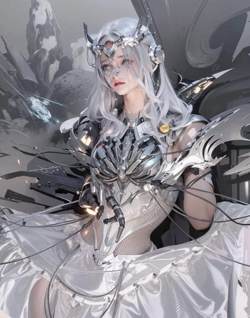 Futuristic high-tech style，best quality,Fairy Skin,(every time :1.2),eternal,Very detailed,Practical,high quality,Light,Light线追踪,Ultra HD,Upper Body, Future Iron Man Mech，shooting，Battery，Transmitter，Large caliber artillery，Rostlan 8K，Mecha Cyber Armored Girl,Wearing a cyberpunk technology helmet，Star Armor Helmet，With breathing Light，The armor of the future shines，Armed Cannon，High-tech armor，helmet，Surrealism，future technology，Open hands