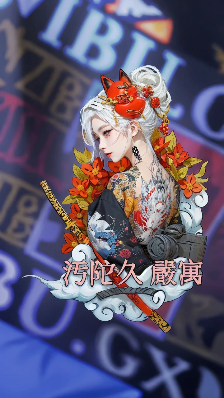 Japanese woman with white hair, black kimono, fox demon, tattooed face 