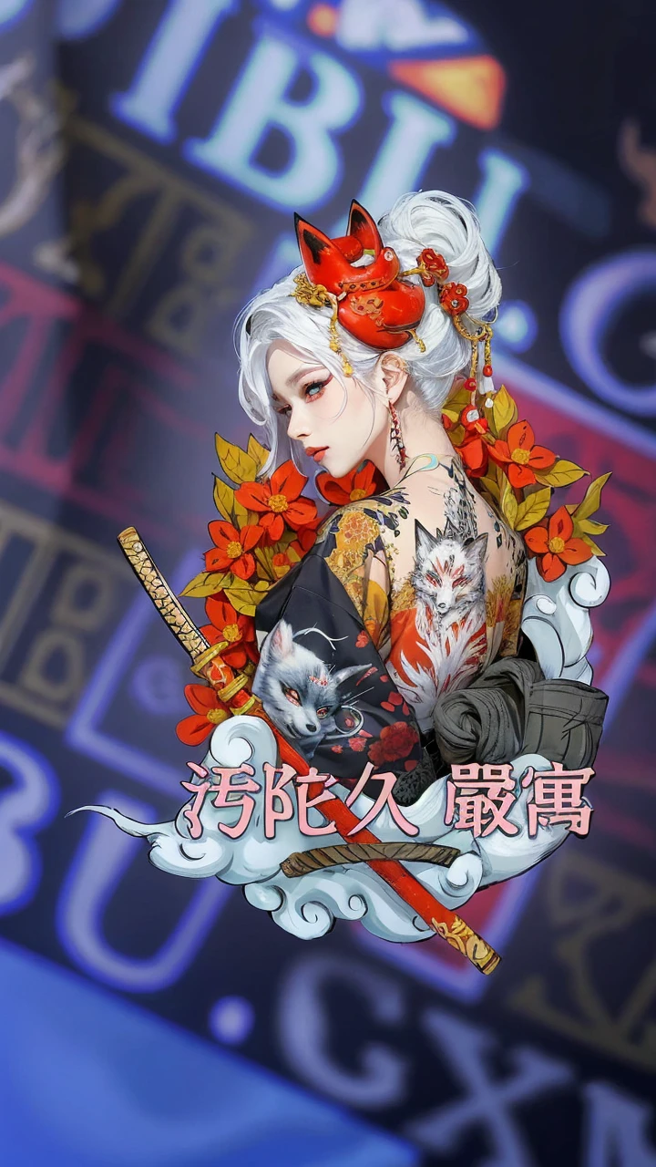 Japanese woman with white hair, black kimono, fox demon, tattooed face 