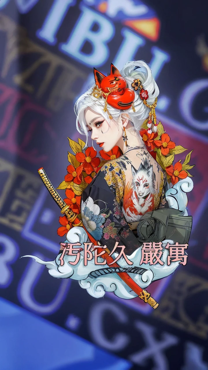 Japanese woman with white hair, black kimono, fox demon, tattooed face