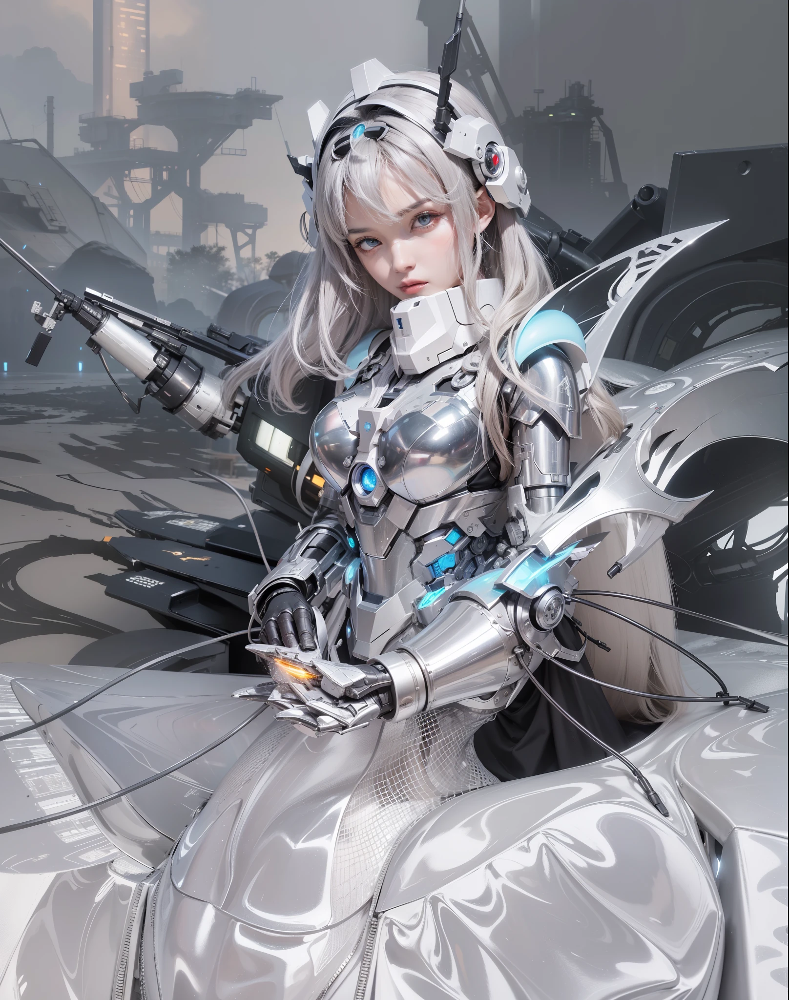 Futuristic high-tech style,best quality,Fairy Skin,(every time :1.2),eternal,Very detailed,Practical,high quality,Light,Light线追踪,Ultra HD,Upper Body, Future Iron Man Mech,shooting,Battery,Transmitter,Large caliber artillery,Rostlan 8K,Mecha Cyber Armored Girl,Wearing a cyberpunk technology helmet,Star Armor Helmet,With breathing Light,The armor of the future shines,Armed Cannon,High-tech armor,helmet,Surrealism,future technology