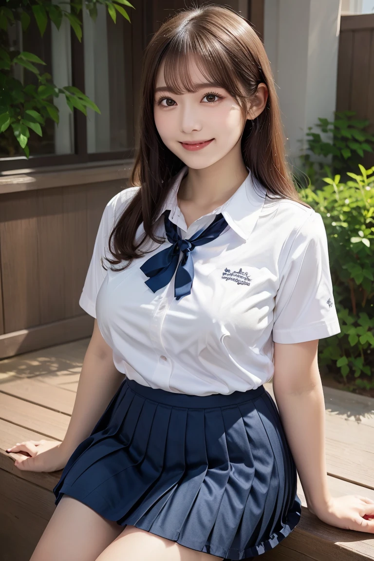 (Best quality,masterpiece,ultra detailed,8K,RAW photo,realistic,high resolution:1.2),(Pretty Japanese girl),(Super huge tits:1.4),(light brown hair),(school uniform,white shirt,pleated skirt:1.4),(voluptuous:1.5),(shoulder length),(light smile),(thick:1.4)