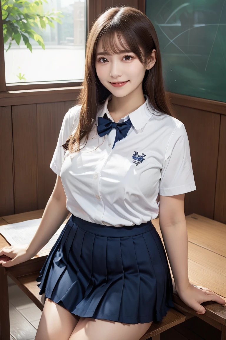 (Best quality,masterpiece,ultra detailed,8K,RAW photo,realistic,high resolution:1.2),(Pretty Japanese girl),(Super huge tits:1.4),(light brown hair),(school uniform,white shirt,pleated skirt:1.4),(voluptuous:1.5),(shoulder length),(light smile),(thick:1.4)