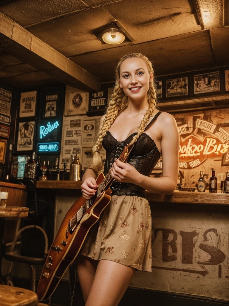 solo, realistic, photorealistic, natural lighting, (large forehead, (((Latvian woman))), (((Latvian nose))), (((Latvian eyes))), (((blonde))), (((braids))), (((Latvian face))), (((Latvian lips))), (((Latvian body))), (((fair complexion))) pose: standing, smiling, wearing Corset-Style Dress , cleavage, , background:Rock out at this gritty dive bar adorned with band posters, graffiti art, and vintage guitars hanging from the ceiling. The jukebox blasts classic rock anthems while local bands perform live sets. Guests can enjoy craft beers, whiskey shots, and hearty bar snacks in a lively, rebellious atmosphere.
