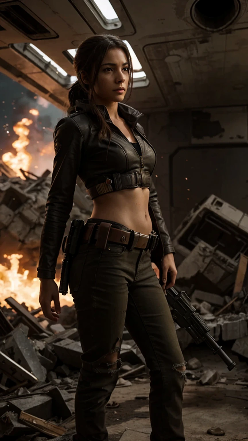 A heroine with high quality、Boldly placed in front of a destroyed spaceship、it'Reminiscent of official character art。On a desolate background、Dust from once-thriving galaxies々Remains、it reminds me of the setting of a fallen empire.。The atmosphere around、it has the ominous presence of Doom Eternal'Zombies.、its terrifying appearance creates a chilling aura.。 A woman stands out in the foreground.、Her images are extremely detailed, High-resolution masterpiece.。She represents tenacity and grace.、I am drawing a picture of C.。