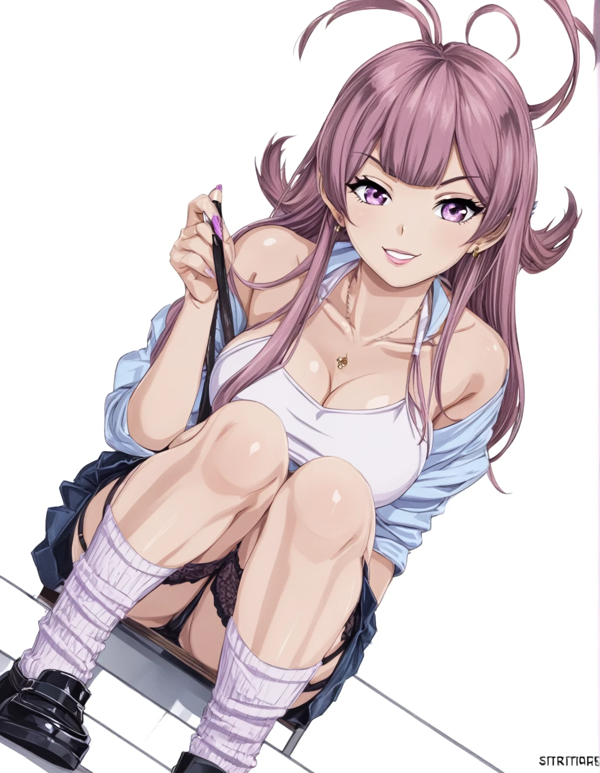 anime girl sitting on stair, 1girl, solo, gyaru , dark-skinned, sitting on stairs with dats his own captioned image, long hair, dark purple hair, stair, short jean, Crossover Halterneck One-Piece, garter straps
[ 4 k digital art ]!!, by :5 sexy: 7, anime artstyle, anime style 4 k, anime style. 8k, anime styled, digital anime art!!, in an anime style, high quality anime artstyle, realistic anime artstyle, digital art on pixiv