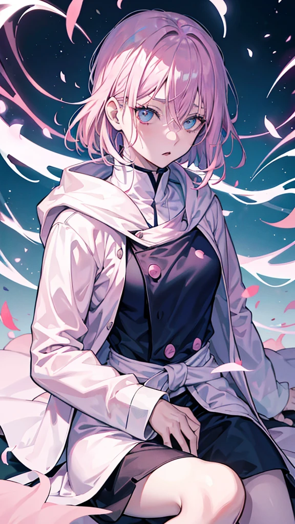 Jujutsu kaisen Manga Panel: girl with long light pink hair and light blue eyes wearing light pink lipstick wearing jujutsu kaisen uniform with white cape 