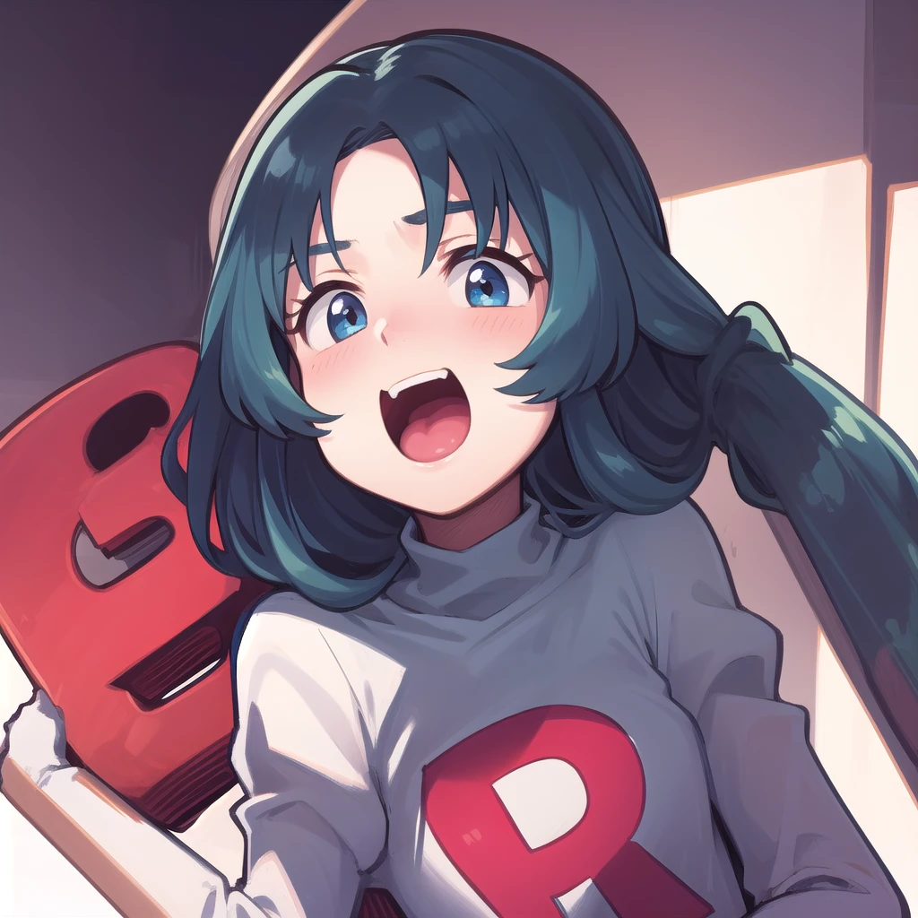 masterpiece, best quality, 1 girl, darkblue hair, long hair, team rocket,team rocket uniform, twitch, slapstick comedy, laugh eyes, laugh open mouth, tickle mouse