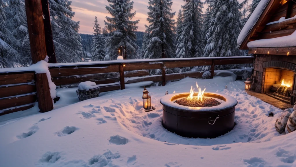 
there is a fire pit in the middle of a bed with candles, cozy and calm, youtube video screenshot, cosy enchanted scene, winter setting, 🌲🌌, cozy and peaceful atmosphere, bathed in the the glow of a fire, captura, cozy setting, cottagecore!!, cozy place, tv commercial, warm beautiful scene, outside in snow snowing