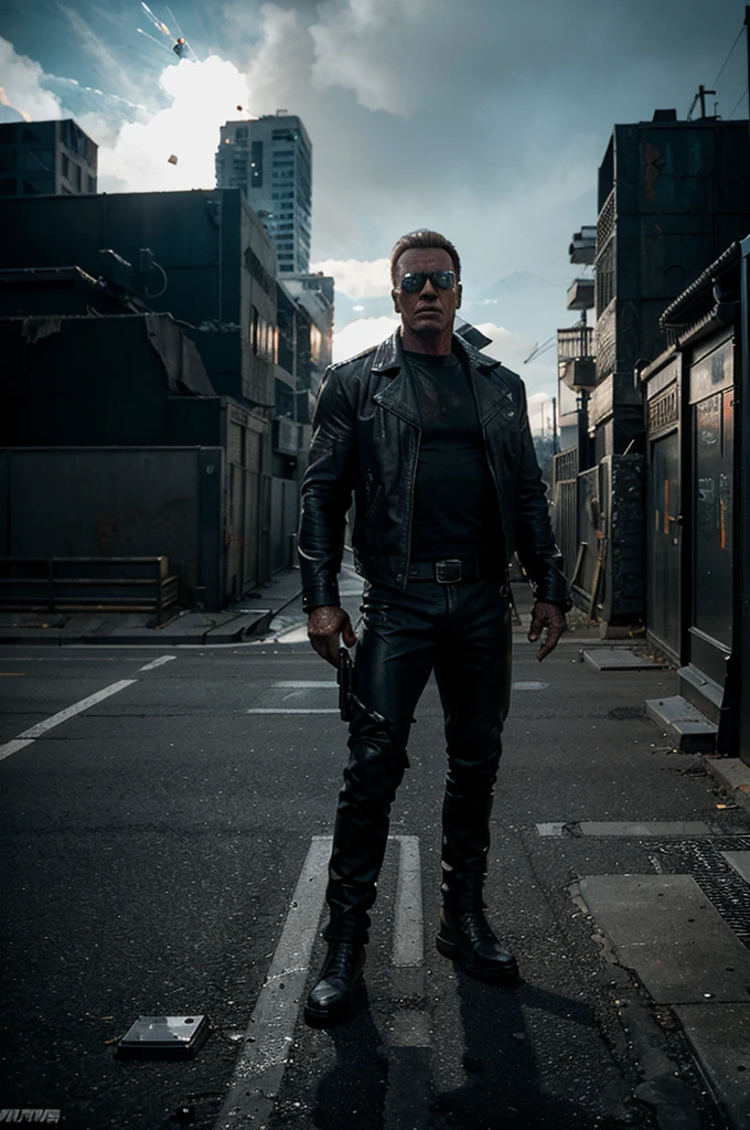 "Terminator movie, futuristic, dystopian cityscape, dark and gritty atmosphere, intense action scene, Arnold Schwarzenegger as the main character, Iconic black leather jacket, sun glasses, Epic Battle, Explosions, high-tech weaponry, cybernetic enhancements, post apocalyptic scenario, Relentless pursuit, suspense chase sequence, dramatic lighting, dramatic camera angles, adrenaline-filled moments."