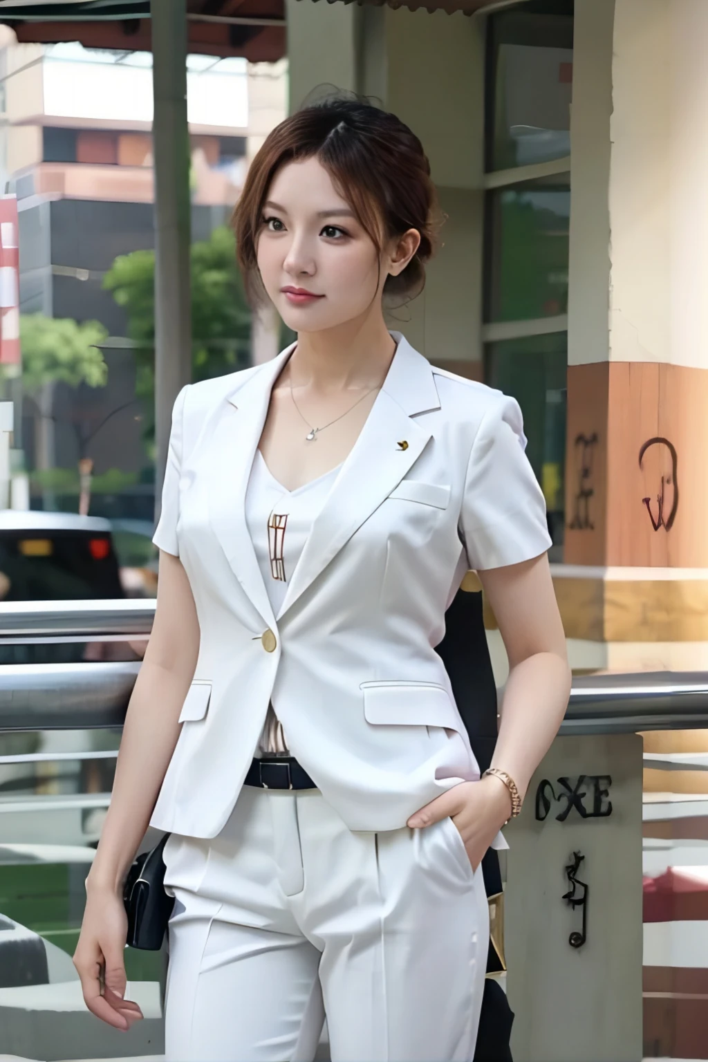 woman in White suit and black purse standing in front of a building, Korean female fashion models, Wearing a stylish suit, wearing White suit, Wearing a suit, Wearing a suit, Girl in a suit, White suit, Wearing a suit, Smooth white tights set, Huang Shiwen, Girl in a suit, Elegant suit, Lee Ji-eun