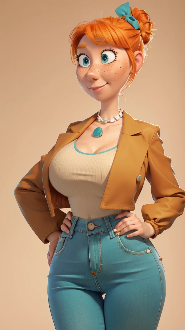 1 girl, Orange hair in a bun, green eyes, slight smile, freckles on the cheeks, thin eyebrows, white necklace with a bow, Teal Jacket, pale skin, standing, Cartoon, (pixar:1.2), Lucy Wilde, long nose, hits, tight short jeans,Full body view, wide hips, huge breasts, fitted top, camel toe, big breasts, huge breasts, camel toe, wide hips