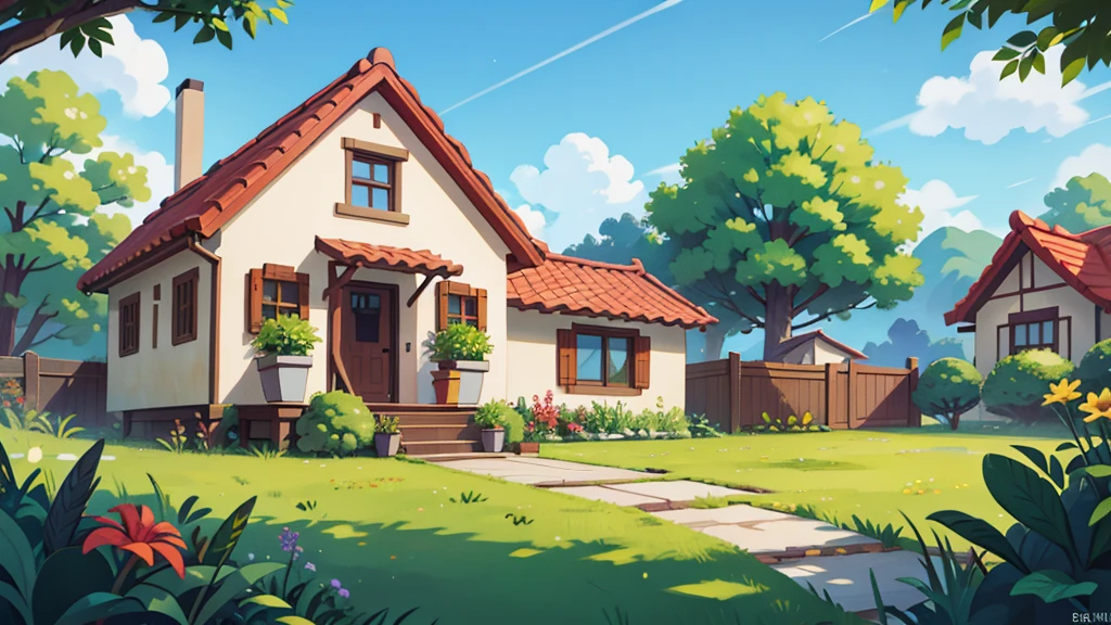 there is a house, bright sunny, some plants, 正面