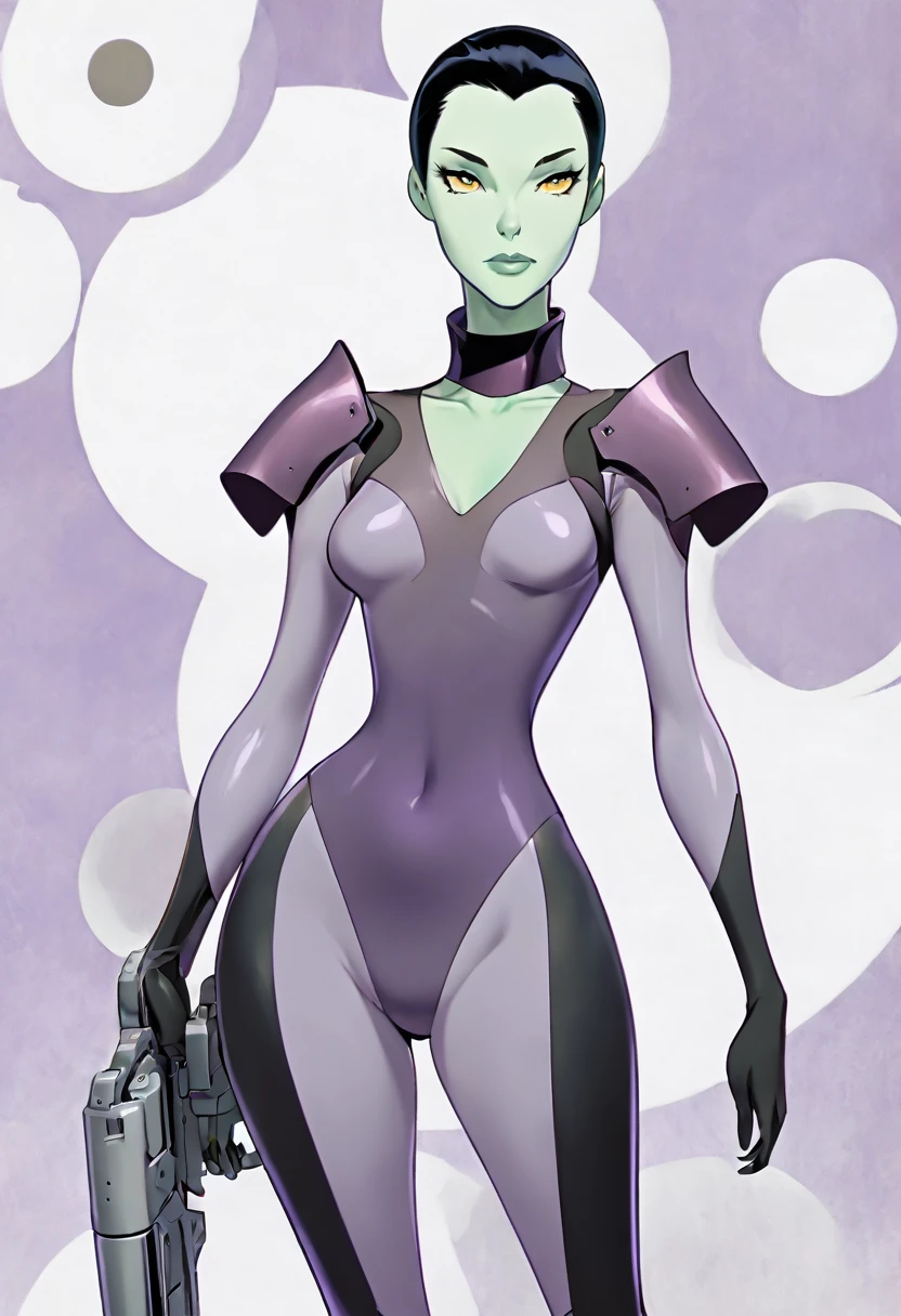 cartoon thin woman, long neck, long black hair, pale green skin, wearing a v-neck collar purple sci-fi body suit with thick armor covering the doing and shoulders. she is armed with an arm cannon, on her suit by her waist are some small gray circles