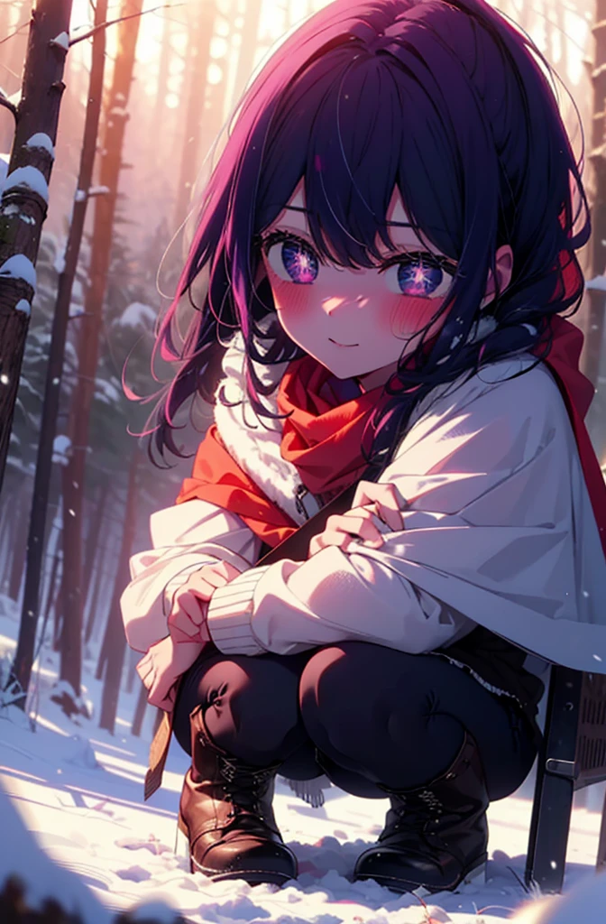 aihoshino, Ai Hoshino, Long Hair, bangs, (Purple eyes:1.1), Purple Hair, (Symbol-shaped pupil:1.5), smile,,smile,blush,White Breath,
Open your mouth,snow,Ground bonfire, Outdoor, boots, snowing, From the side, wood, suitcase, Cape, Blurred, , forest, White handbag, nature,  Squat, Mouth closed, Cape, winter, Written boundary depth, Black shoes, red Cape break looking at viewer, Upper Body, whole body, break Outdoor, forest, nature, break (masterpiece:1.2), Highest quality, High resolution, unity 8k wallpaper, (shape:0.8), (Beautiful and beautiful eyes:1.6), Highly detailed face, Perfect lighting, Extremely detailed CG, (Perfect hands, Perfect Anatomy),