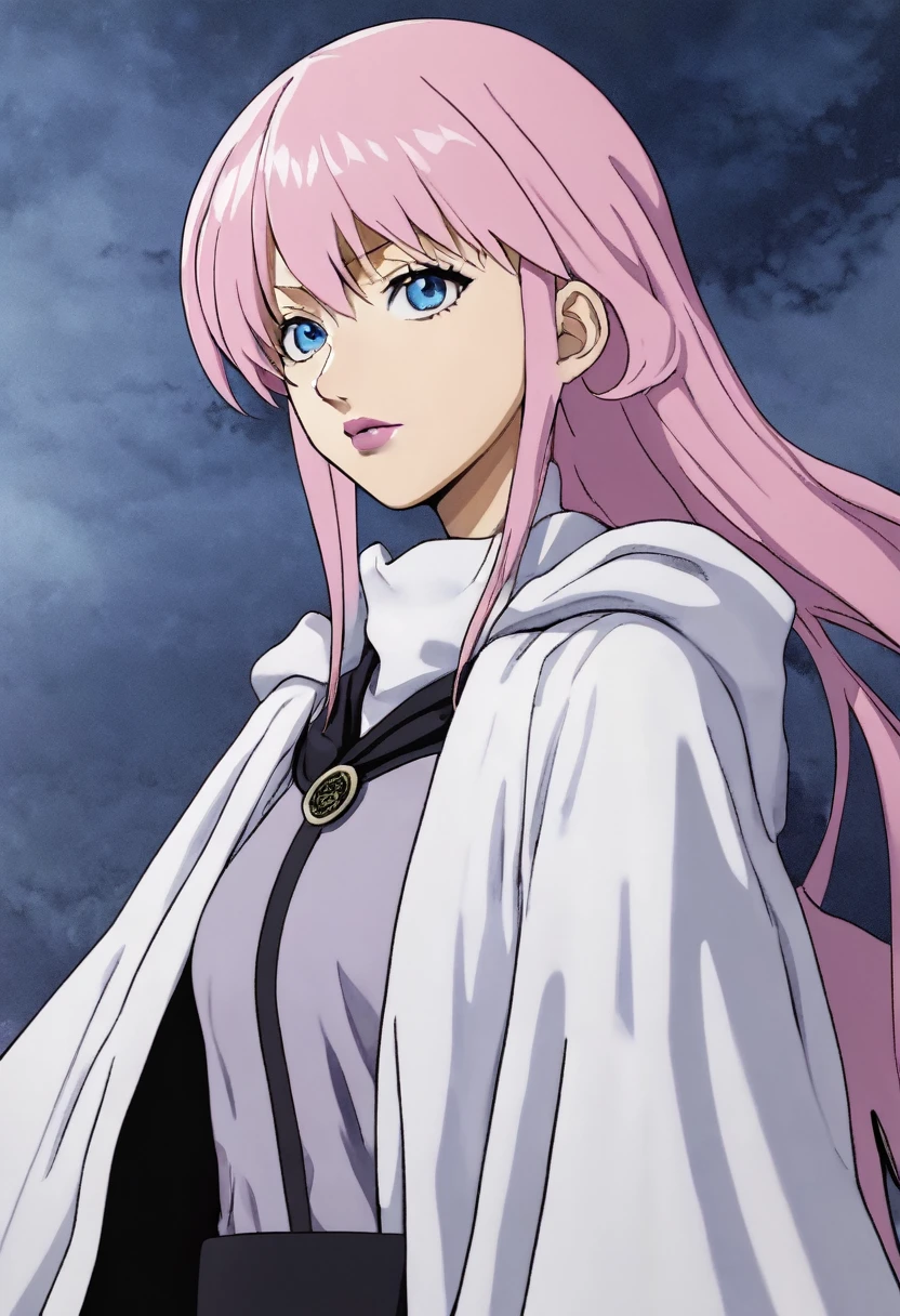 Jujutsu kaisen Anime Panel: girl with long light pink hair and light blue eyes wearing light pink lipstick wearing jujutsu kaisen uniform with white cape