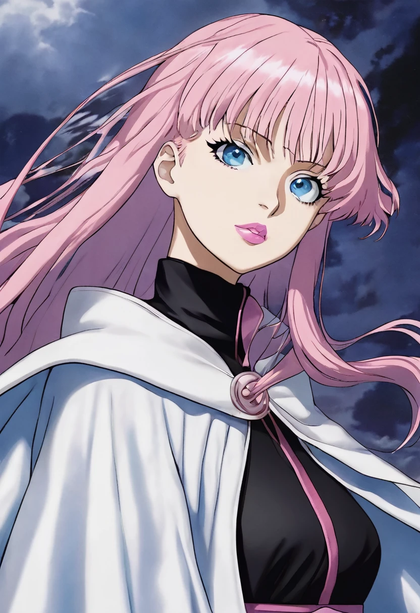 Jujutsu kaisen Anime Panel: girl with long light pink hair and light blue eyes wearing light pink lipstick wearing jujutsu kaisen uniform with white cape