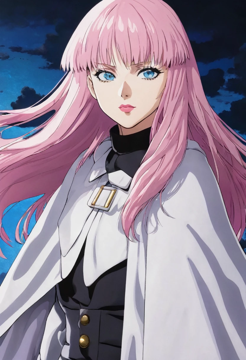 Jujutsu kaisen Anime Panel: girl with long light pink hair and light blue eyes wearing light pink lipstick wearing jujutsu kaisen uniform with white cape