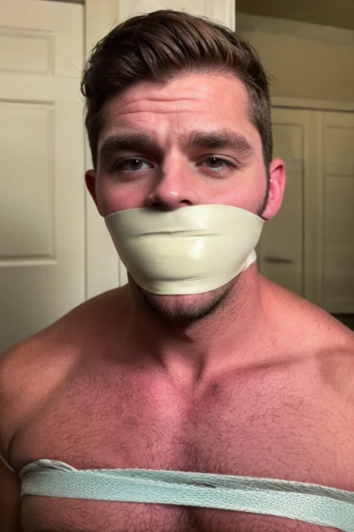 handsome 40s man, slightly fat, stubble, bearded, hairy chest, short brown hair, looking at viewer, sad, tape gag, tape wrapped around face, tape wrapped, wrap gag, tightly bound