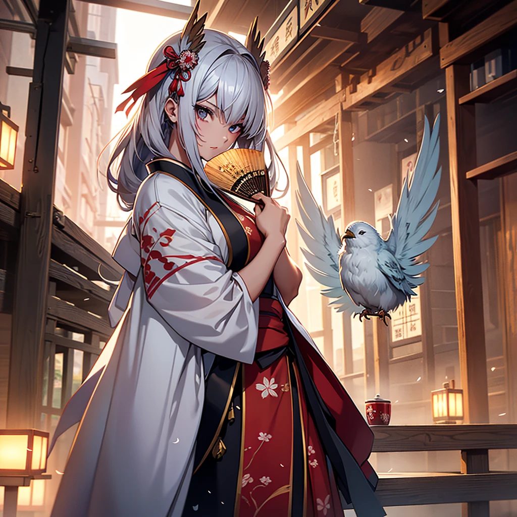 (1girl:1.3), Masterpiece, Best quality, amazing beauty, [[3D]], 4K, absurdres, finely detail, super detailed eye, perfect , official art, cinematic lighting, BREAK, Island, A beautiful girl with a long nose and red face, wearing a traditional Japanese yamabushi outfit. She has bird-like wings and holds a fan.