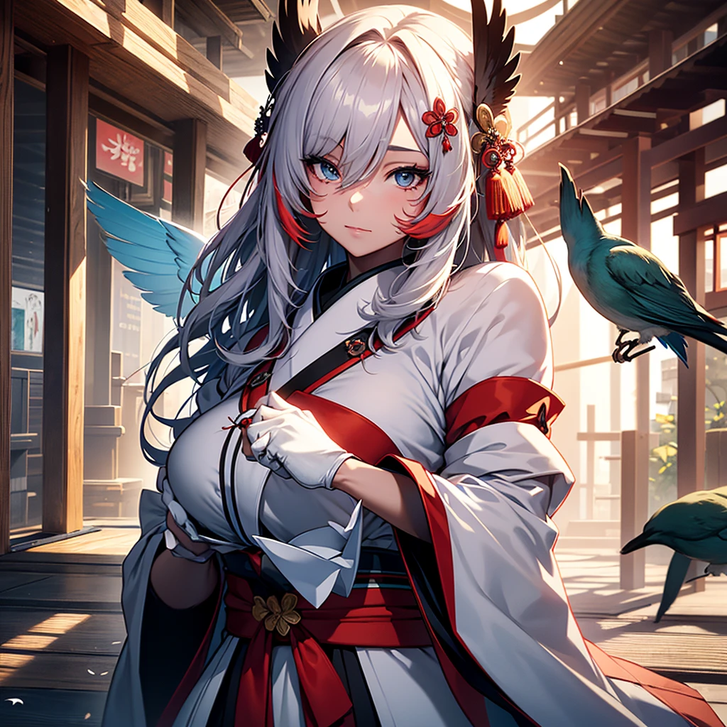 (1girl:1.3), Masterpiece, Best quality, amazing beauty, [[3D]], 4K, absurdres, finely detail, super detailed eye, perfect anatomy, official art, cinematic lighting, BREAK, Island, A beautiful girl with a long nose and red face, wearing a traditional Japanese yamabushi outfit. She has bird-like wings and holds a fan.
