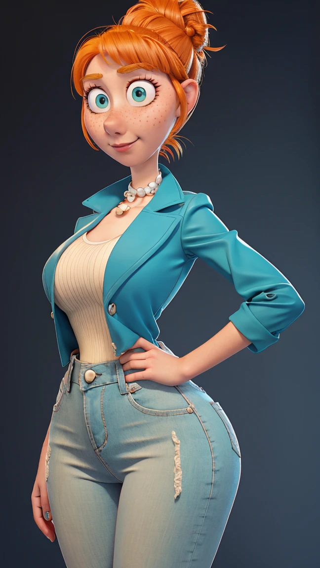 1 girl, Orange hair in a bun, green eyes, slight smile, freckles on the cheeks, thin eyebrows, white necklace with a bow, Teal Jacket, pale skin, standing, Cartoon, (pixar:1.2), Lucy Wilde, long nose, hits, tight short jeans,Full body view, wide hips, huge breasts, fitted top, camel toe, big breasts, huge breasts, camel toe, wide hips