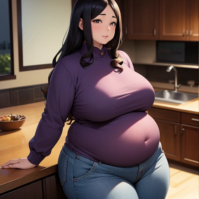detailed illustration, dynamic angle, ultra-detailed, illustration, 1girl, mid 40’s year old Chinese American woman, night time, in a fancy home, standing in the kitchen , wood paneled walls, beautiful dark wood floors, oriental rugs, obese and thicc, motherly and nurturing, silk waist-long dark hair, big round firm belly, 350 lbs+ weight, short, strained purple sweater, soft smile, look cute, tight clothes, tight mom jeans, very wealthy looking, tall, grey eyes, anime eyes, thick thighs, large protruding belly, belly sag, thunder thighs, thighs always touching