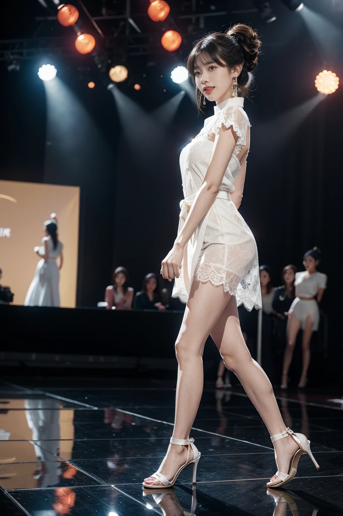 1girl,bangs,bare arms,collar,lace,see through,maxi white cheongsam,detailed background,detailed eyes,brown hair,earrings,full body,jewelry,slim,flat chest,ponytail,headdress,looking at viewer,makeup,night scene,red lips,signature,laughing,solo,standing,slender legs,pantyhose,high heels,On the T-stage,catwalk,fashion show,Surrounded by crowded crowds on both sides of the stage,neon lights,from front