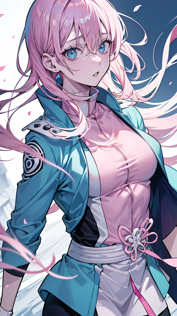 Jujutsu kaisen Manga Panel: girl with long light pink hair and light blue eyes wearing light pink lipstick wearing jujutsu kaisen uniform with white cape com flor no cabelo
