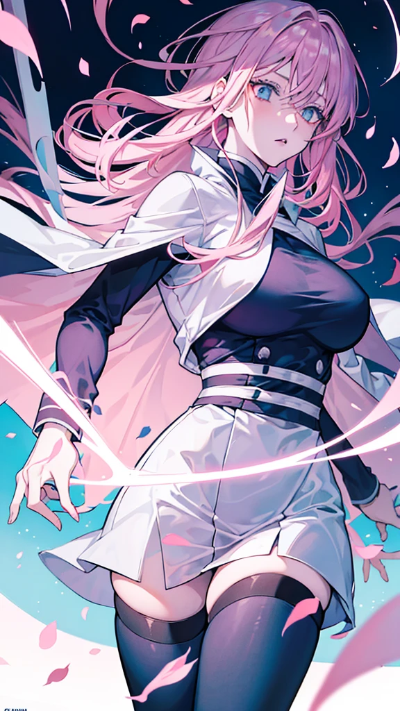 Jujutsu kaisen Manga Panel: girl with long light pink hair and light blue eyes wearing light pink lipstick wearing jujutsu kaisen uniform with white cape com flor no cabelo