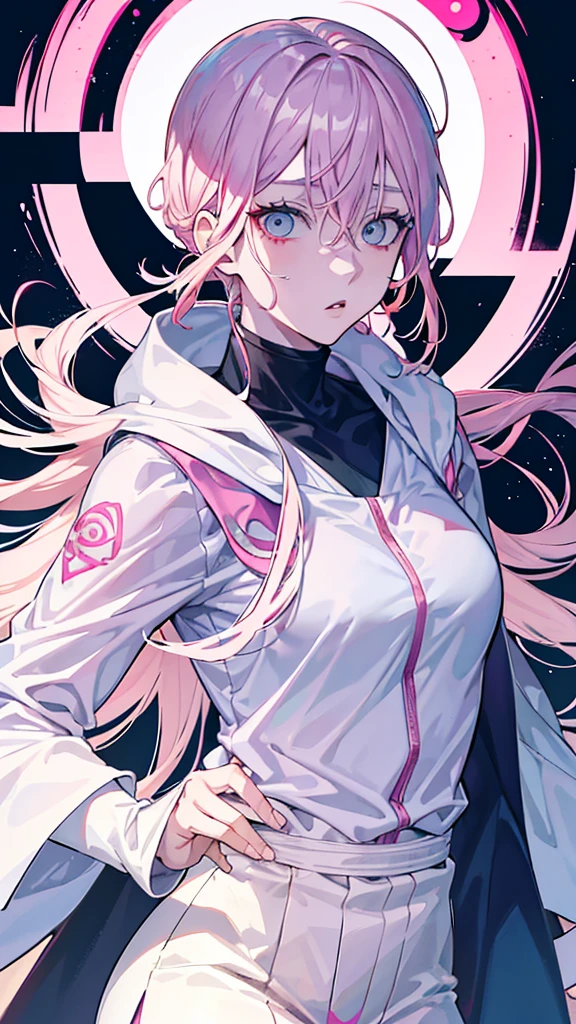 Jujutsu kaisen Manga Panel: girl with long light pink hair and light blue eyes wearing light pink lipstick wearing jujutsu kaisen uniform with white cape com flor no cabelo