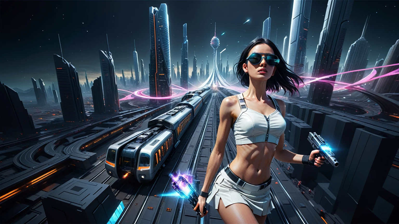 Brightly colored abstract aerial view image of a futuristic railway station with a spiral, a (((((futuristic all-glass train))))) passing by, epic beautiful space sci-fi, chaotic cinematic space rift, Greg Beeple, planets colliding, Beeple and Tim Hildebrandt, Beeple and Jean Giraud, end of the universe, (((((giant abstract sculpture))))), galaxy space sci-fi, ringworld, by Mike "Beeple" Winkelmann. Matrix style, (((((Matrix cascading code))))), (((((a futuristic twin tower skyscraper with a unique twisted design))))), (((((OLED GUI interfaces in the building))))), at night, (((((1girl, solo))))), photo realistic, (((large-breast:1.1 slim body, cleavage:1.4))), (((off broken mini sling-shirt and black sling bra, extreamly short pleated miniskirt exposing panty))), (((((running pose))))), (((((((matrix style black micro sunglasses))))))), ((((((((((aiming with a short gun)))))))))), (((((looking at camera))))), (((very low view))), (((((half-body thigh level medium shot))))), (((cinematic lighting))).