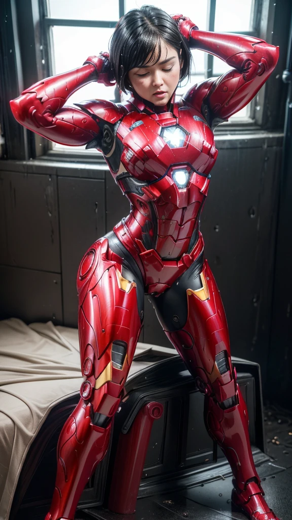 Highest quality 8k Red Iron Man Suit Girl Middle-aged women Sweaty face cute short hair boyish Steam coming out of my head My hair is wet with sweat The feel of black hair Full body portrait My upper body is soaked I can see the vagina Lying in bed Face soaked Crotch leg Man muscle