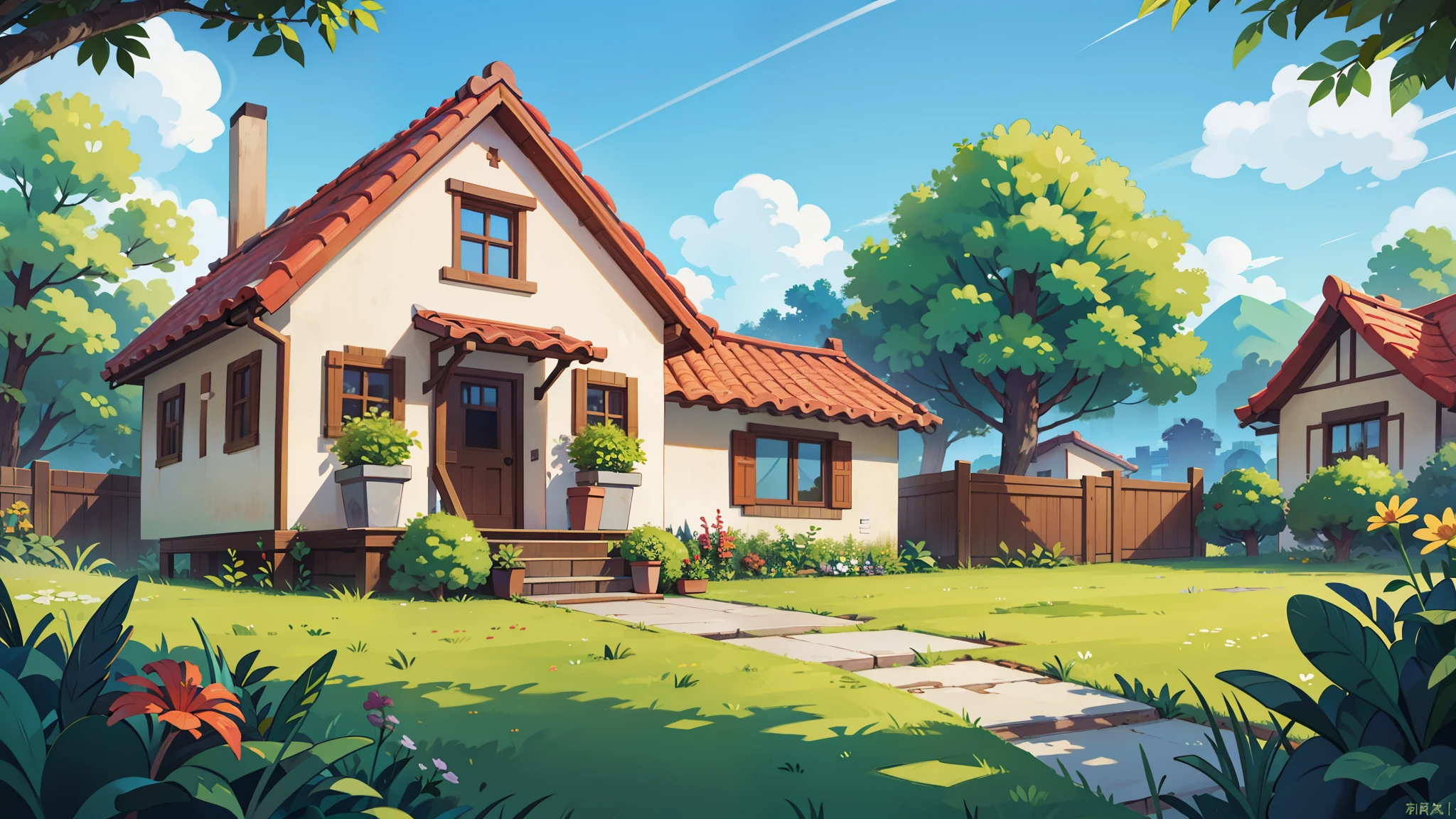 there is a house, bright sunny, some plants, 正面