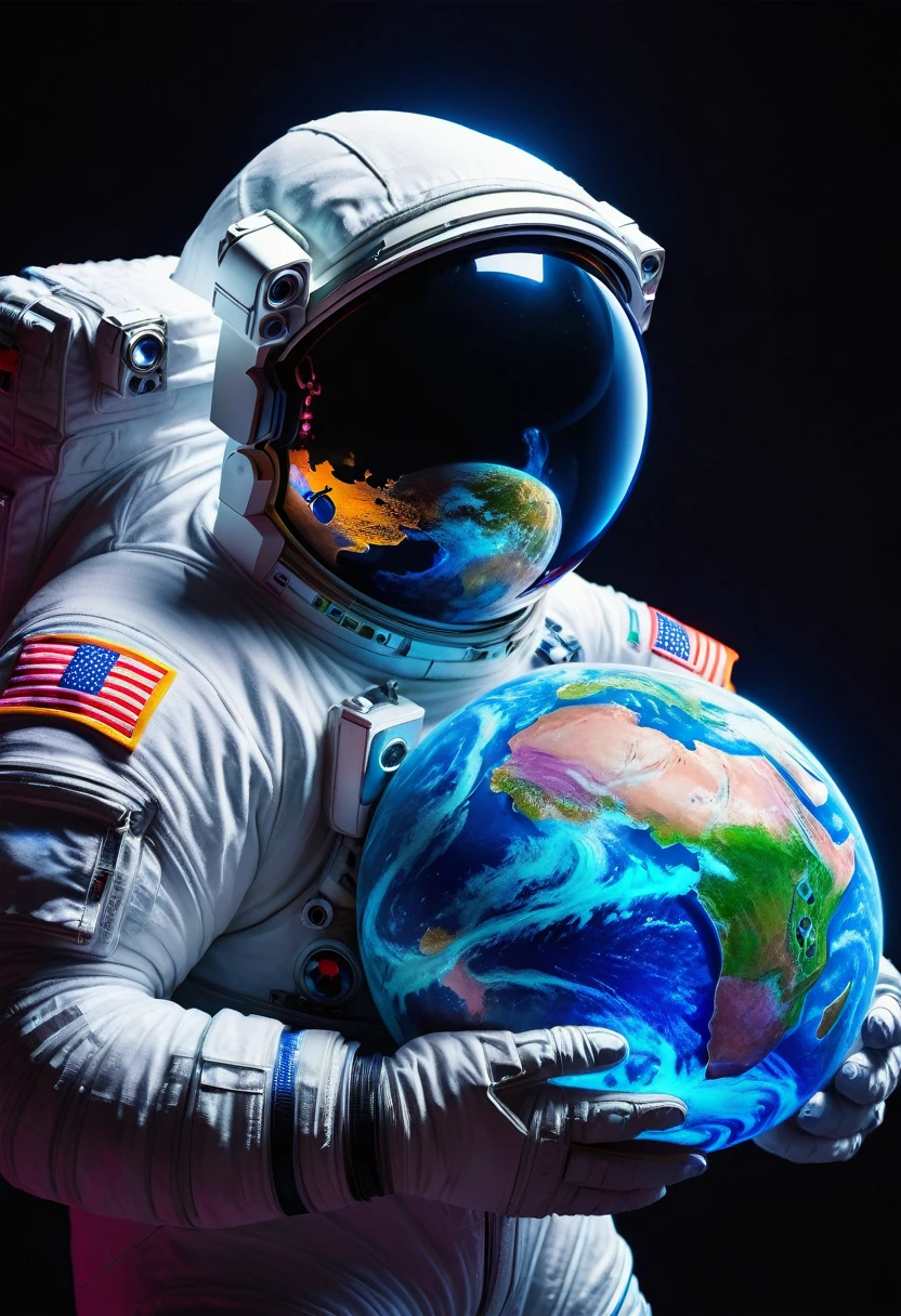 A Chinese astronaut holds a planet in his arms,close up,Glowing fluorescent feeling,Transparency,dream,Monet's color scheme,Texture Matte,high quality,High Definition,Rose red,blue,Neon light,black background,