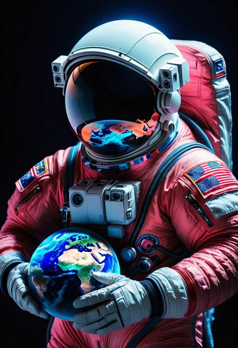A Chinese astronaut holds a planet in his arms,close up,Glowing fluorescent feeling,Transparency,dream,Monet's color scheme,Texture Matte,high quality,High Definition,Rose red,blue,Neon light,black background,