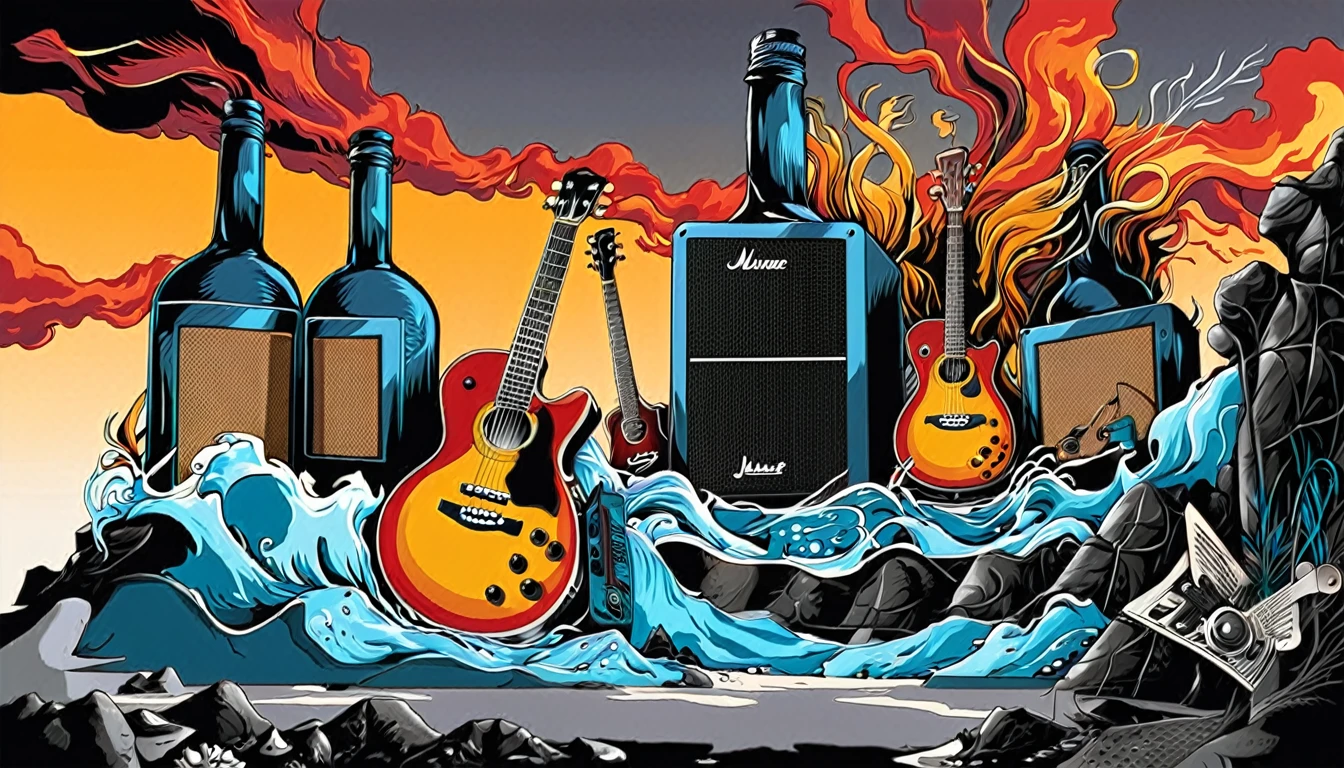 Masterpiece; Guitars and drums in a small science lab(((frascos de experiencias))), complete with speakers and glass flasks of chemistry, embody the resilience and tenacity of the scientific community, infused with a bold graphic allure that enlivens the spirit of science. The design penetrates layers of depth, integrating the raw essence and vibrant cores of Rio de Janeiro culture. Brushstrokes that incorporate the fluid energy of graffiti on guitars and acoustic guitars weave around dynamic geometric shapes, adorning the laboratories with an evocative masterpiece that speaks to the heart of the intersection between two diverse worlds. Majestically rendered in high definition and vibrant color, every detail bursts with life, inviting viewers to marvel at the beauty that; by Monet
