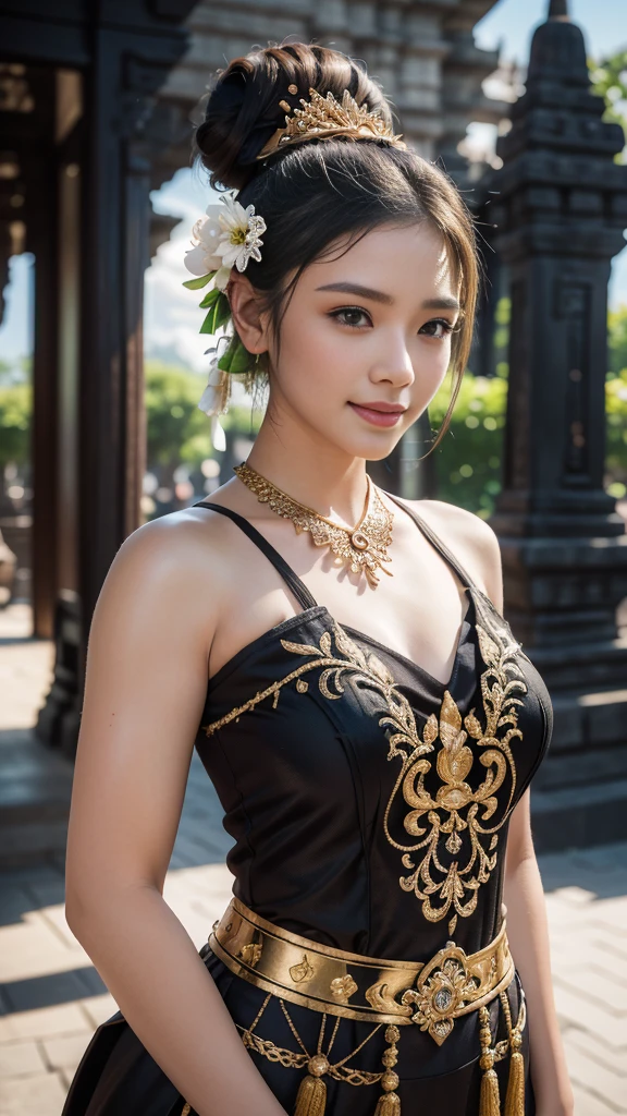 1female, a woman in the era of the Majapahit kingdom, is having a traditional Javanese wedding with gold and black ornaments, wearing a typical Javanese bun, with a charming and charming gaze, smiling, oriental female, with the Prambanan temple in the background, ancient Javanese era, cinematic photography, detailed, hyperrealism, great detail, 8k cinematic, high resolution, symmetrically, cinematic, color grading, photography, shot on 50mm lens, ultra-wide angle, depth of field, hyperdetailed, beautifully color-coded, insane detail, intricate detail, beautiful color grading, incredibly detailed and intricate, hyper maximal, elegant, hyperrealistic, super detailed, posing dynamic, photography, ultra-realistic, Full - HD, high detailed definition, Hyper detailed, 8k