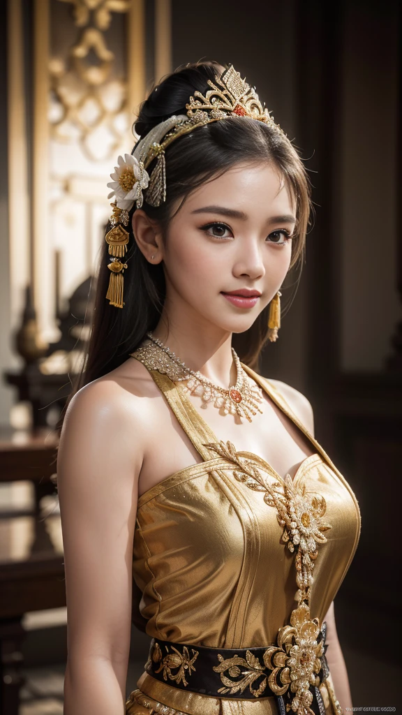 1female, a woman in the era of the Majapahit kingdom, is having a traditional Javanese wedding with gold and black ornaments, wearing a typical Javanese bun, with a charming and charming gaze, smiling, oriental female, with the Prambanan temple in the background, ancient Javanese era, cinematic photography, detailed, hyperrealism, great detail, 8k cinematic, high resolution, symmetrically, cinematic, color grading, photography, shot on 50mm lens, ultra-wide angle, depth of field, hyperdetailed, beautifully color-coded, insane detail, intricate detail, beautiful color grading, incredibly detailed and intricate, hyper maximal, elegant, hyperrealistic, super detailed, posing dynamic, photography, ultra-realistic, Full - HD, high detailed definition, Hyper detailed, 8k