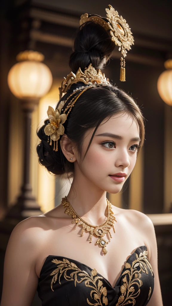 1female, a woman in the era of the Majapahit kingdom, is having a traditional Javanese wedding with gold and black ornaments, wearing a typical Javanese bun, with a charming and charming gaze, smiling, oriental female, with the Prambanan temple in the background, ancient Javanese era, cinematic photography, detailed, hyperrealism, great detail, 8k cinematic, high resolution, symmetrically, cinematic, color grading, photography, shot on 50mm lens, ultra-wide angle, depth of field, hyperdetailed, beautifully color-coded, insane detail, intricate detail, beautiful color grading, incredibly detailed and intricate, hyper maximal, elegant, hyperrealistic, super detailed, posing dynamic, photography, ultra-realistic, Full - HD, high detailed definition, Hyper detailed, 8k
