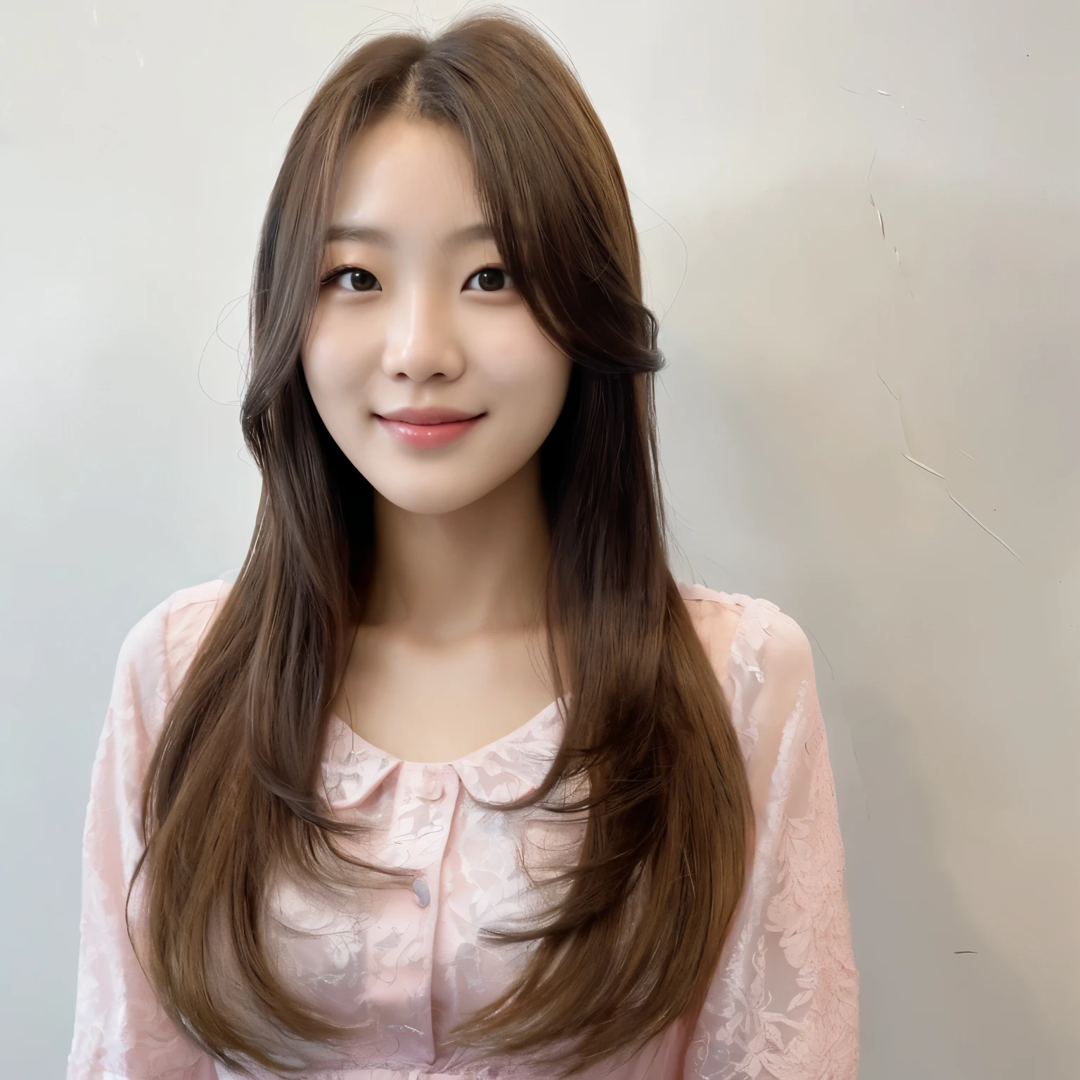 Best Quality, 8k, Masterpiece, (Portrait: 1.3), (photo realistic:1.4), (hyper realistic:1.4), Sharp Focus, looking at viewer, (smoother lighting:1.1), (increase cinematic lighting quality:0.9), realistic lighting, backlighting, light on face, ray trace, (brightening light:1.2), (Increase quality:1.4), sharp detail, (best quality real texture skin:1.4), finely detailed eyes, black_eyes, finely detailed face, 25 year old Korean woman, (pink dress_shirt:1.4), (Create an image maintaining the original base model hairstyle:1.5)