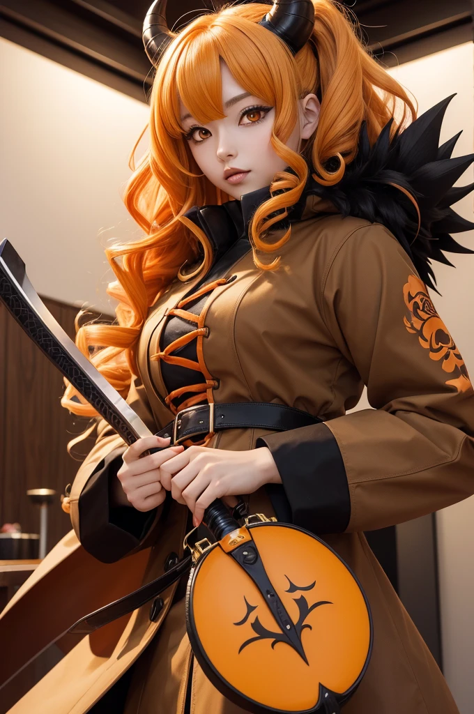 ((anime image)) ((Demon Slayer)) oni hunter girl, brown coat, yellow curly hair with white ends, orange eyes, holding an orange katakana with black