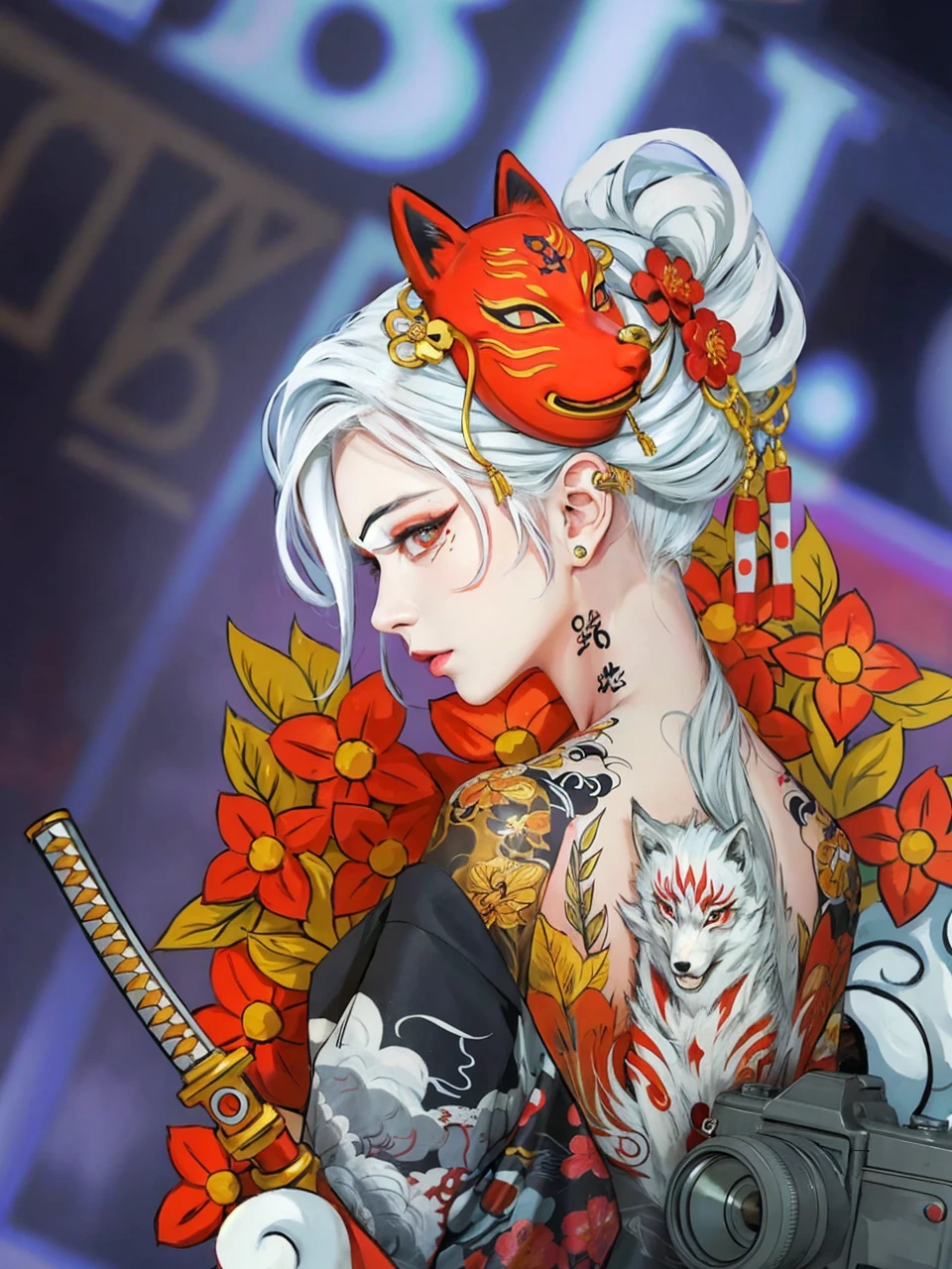 Japanese woman with white hair, black kimono, fox demon, tattooed face