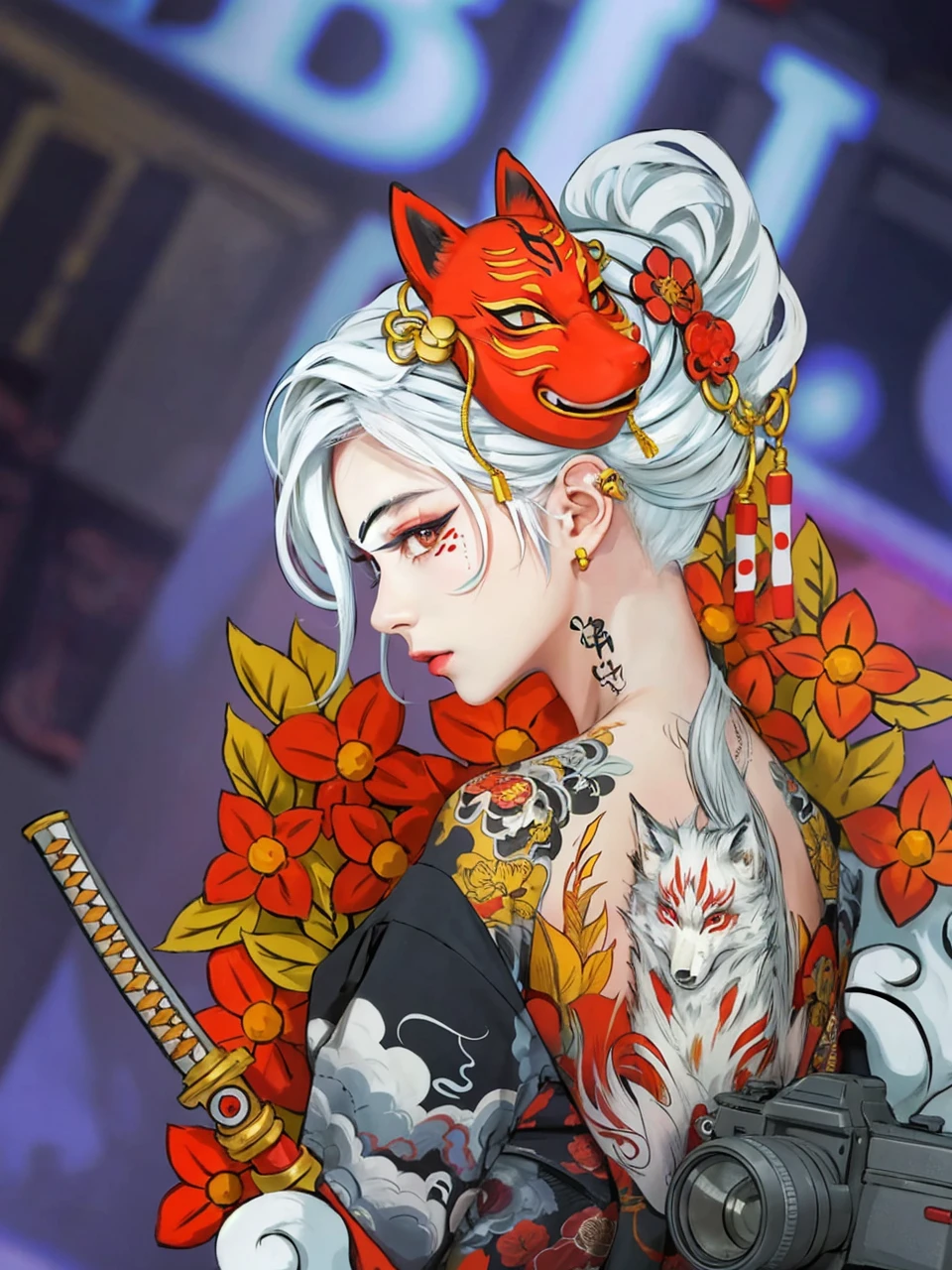 Japanese woman with white hair, black kimono, fox demon, tattooed face