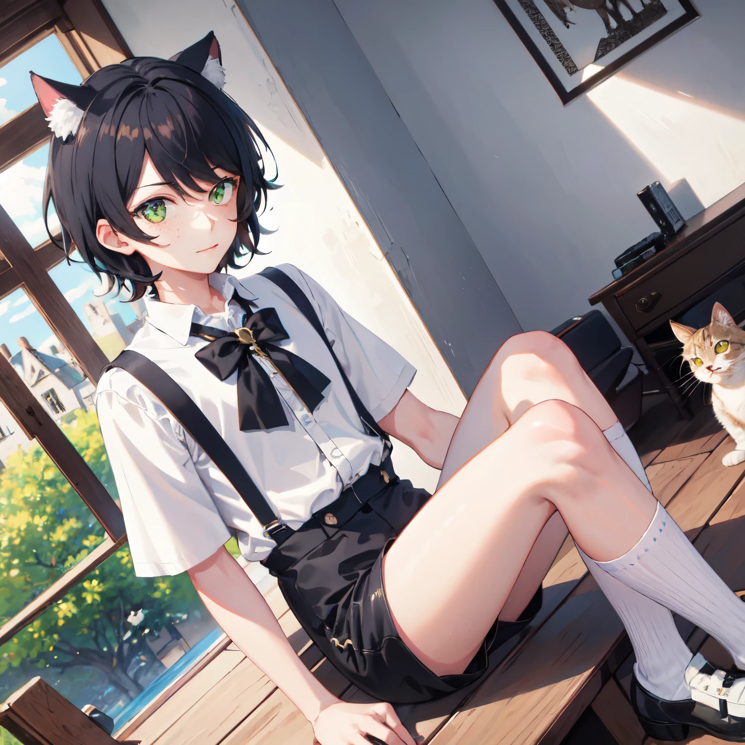 ((best quality)), ((masterpiece)), (detailed), 1boy, male, neko, catboy, green eyes, freckles, cat ears, cat tail, cute, short hair, black hair, shorts, white shirt, suspenders, knee high socks, mansion, rich house