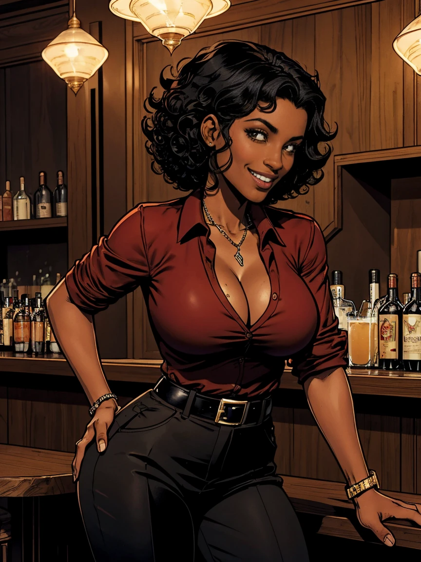 Cardinal, a gorgeous bartender woman with (dark skin, short curly black hair) wearing a black polo, tight slacks. Athletic, huge breasts, wide hips. Short curly black hair, mixing a drink. Smiling. Confident. At a high-end bar, luxury hotel. cleavage.