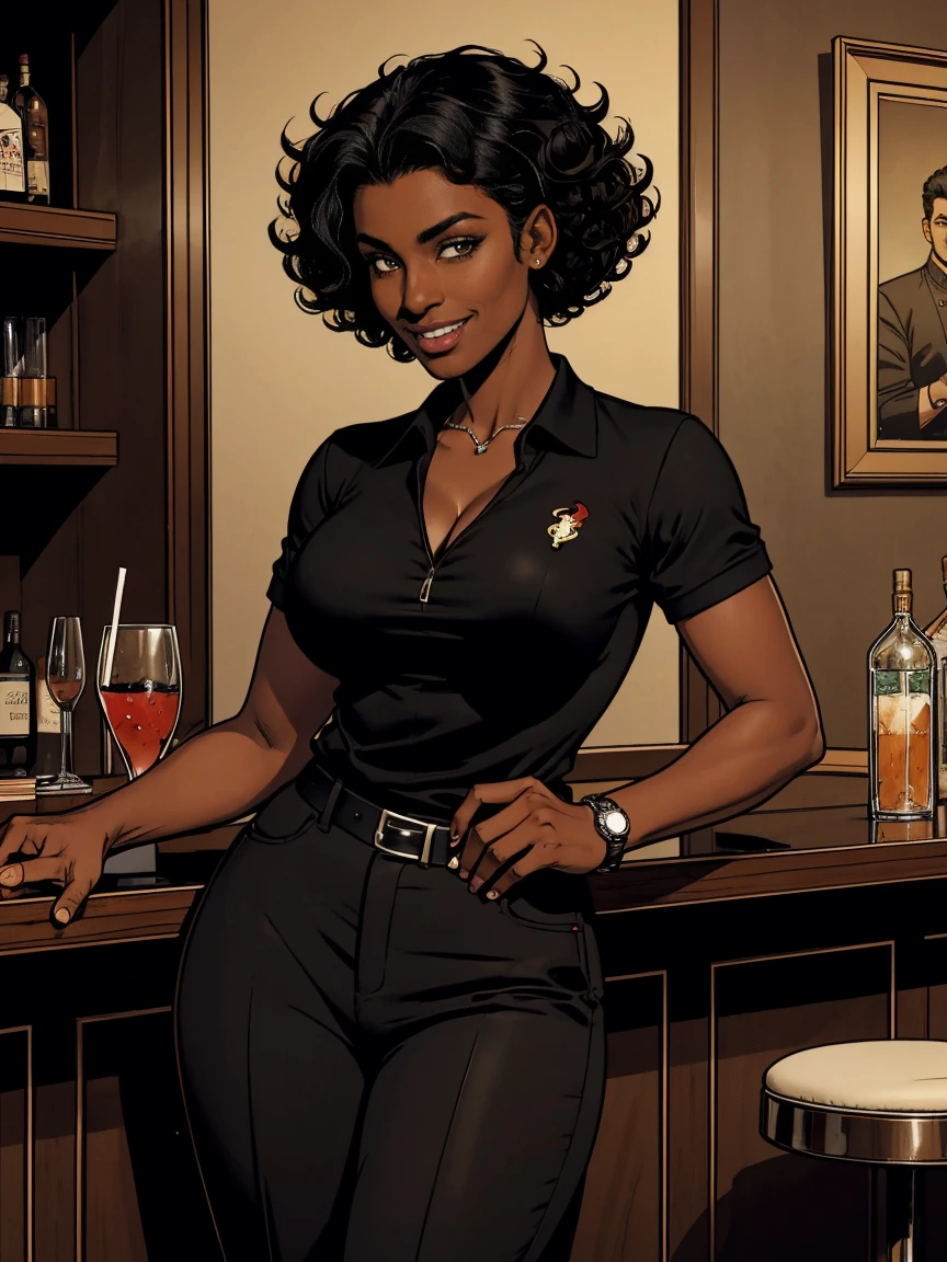 Cardinal, a gorgeous bartender woman with (dark skin, short curly black hair) wearing a black polo, tight slacks. Athletic, huge breasts, wide hips. Short curly black hair, mixing a drink. Smiling. Confident. At a high-end bar, luxury hotel. cleavage.