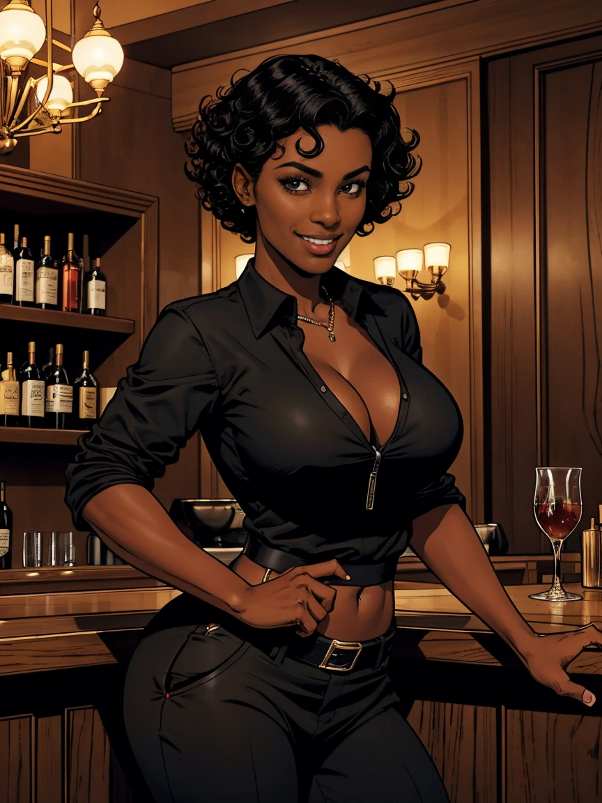 Cardinal, a gorgeous bartender woman with (dark skin, short curly black hair) wearing a black polo, tight slacks. Athletic, huge breasts, wide hips. Short curly black hair, mixing a drink. Smiling. Confident. At a high-end bar, luxury hotel. cleavage.